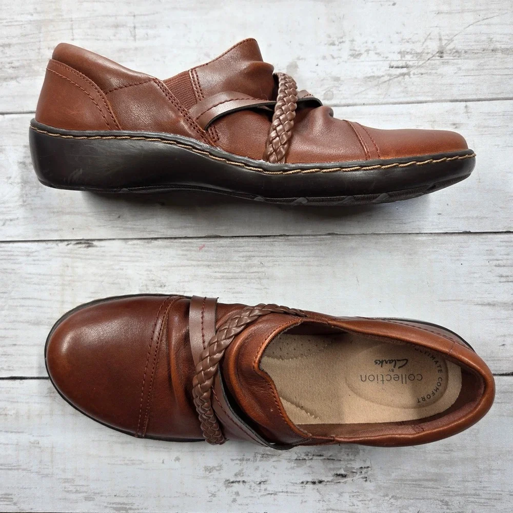 Clarks Collection Ultimate Comfort Loafers Women 7M Brown Leather Braided Ruched